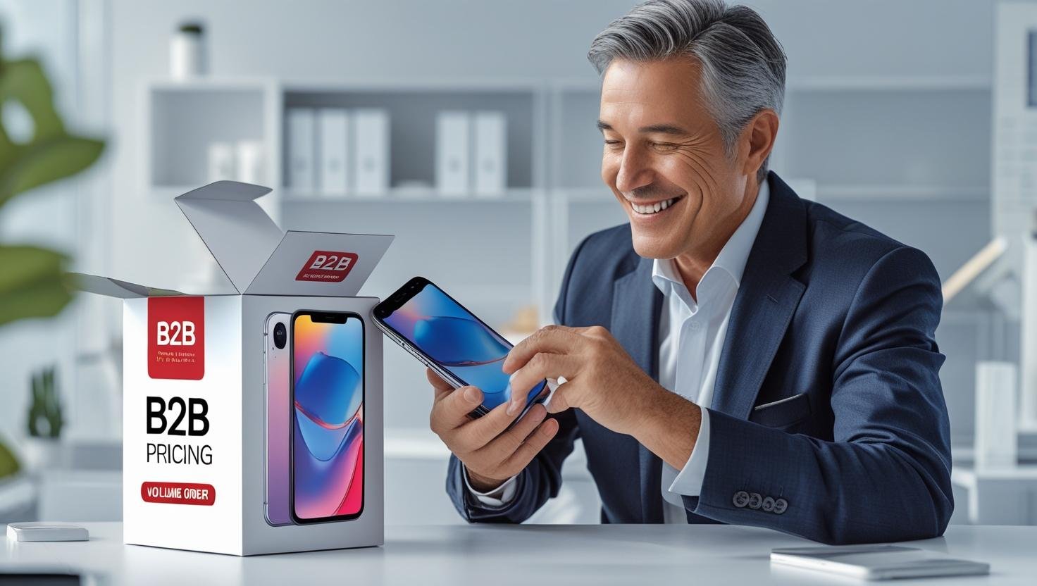Client pro satisfait recevant un colis ou testant un smartphone, avec badge “Tarifs B2B”, “Commande en volume”, etc.